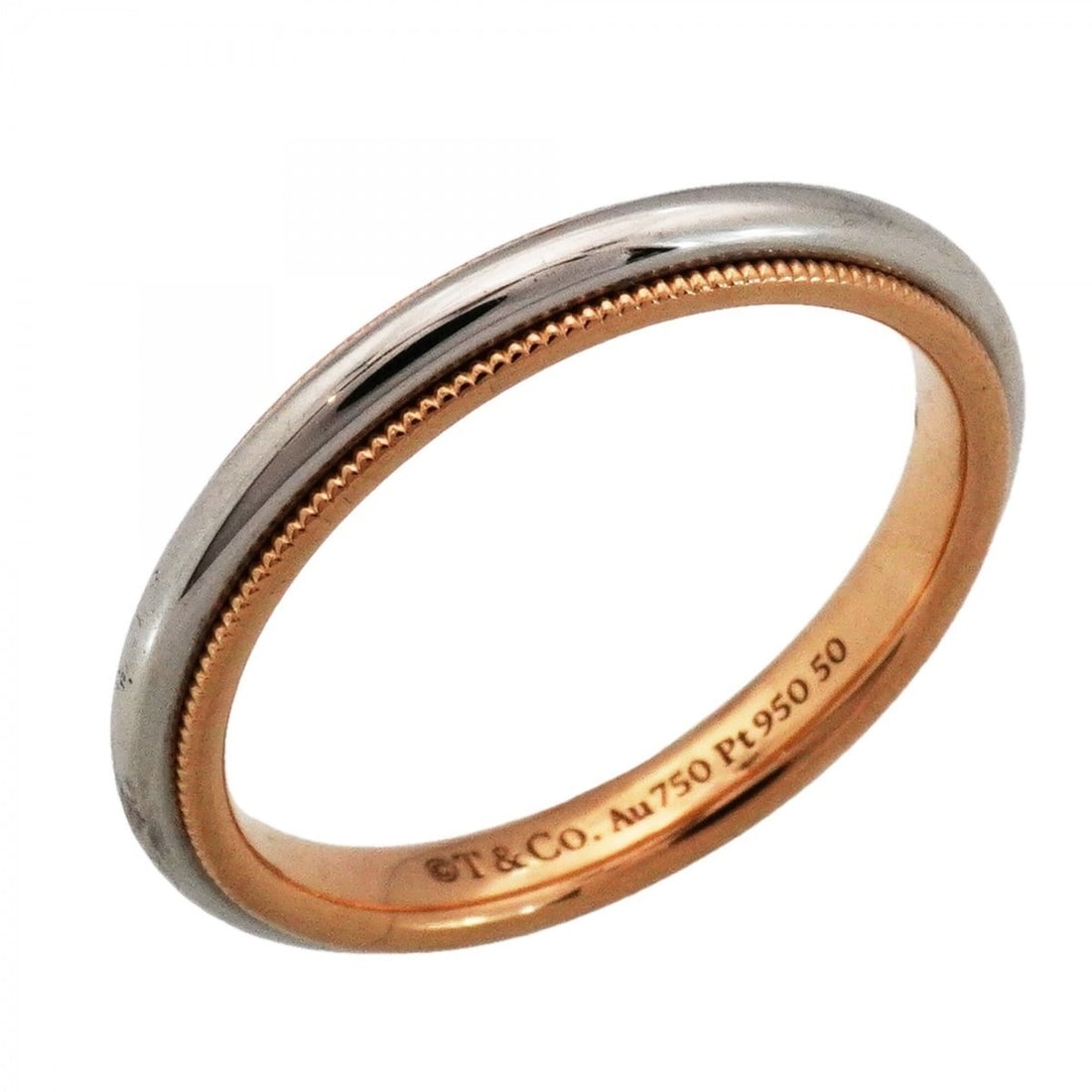 Tiffany & Co. Milgrain Ring, 18K Pink Gold (Pt950) Platinum, Size 15, Men's/Women's: --- Catalog ---Category: SizeJP Size: 15US Size: 7.5Category: DesignType: Band ringGender: Men,WomenMaterial: Pink gold (18K), Platinum 950Category: GeneralBrand: Tiffany--- Item List ---Section: Cond