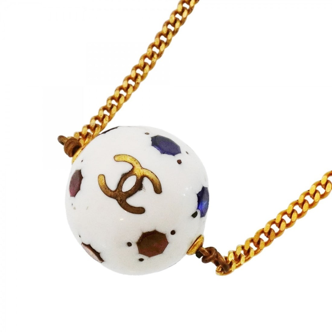 Chanel Necklace, Coco Mark, Soccer Ball Motif, GP Plated, Colored Stones, Gold, White, Multicolor,: --- Catalog ---Category: SizePendant Size: 19.1mm x 19.1mm / 0.75'' x 0.75''Neck Circumference: 34.5 cm - 39 cm / 13.58'' - 15.35''Category: DesignColor: Gold, Multi-color, WhiteStone: Color stoneGend