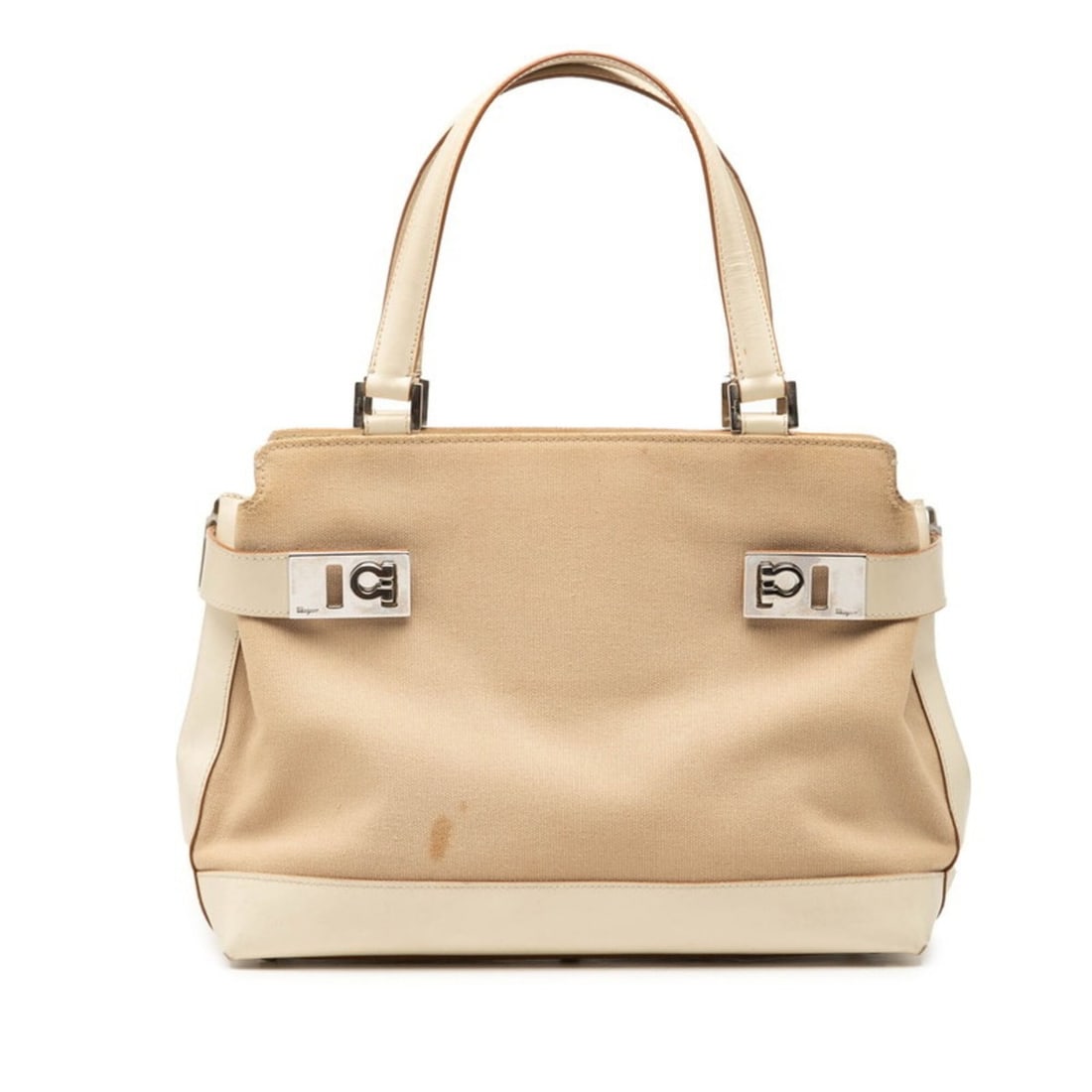 Salvatore Ferragamo Gancini Handbag AQ-21 0198 Beige Cream Canvas Leather Women's: --- Catalog ---Category: SizeHandle Drop: 14.00cm / 5.51''Size (HxWxD): 19cm x 25cm x 11.5cm / 7.48'' x 9.84'' x 4.52''Category: DesignType: HandbagColor: Beige, CreamGender: WomenClosure: ZipperMater