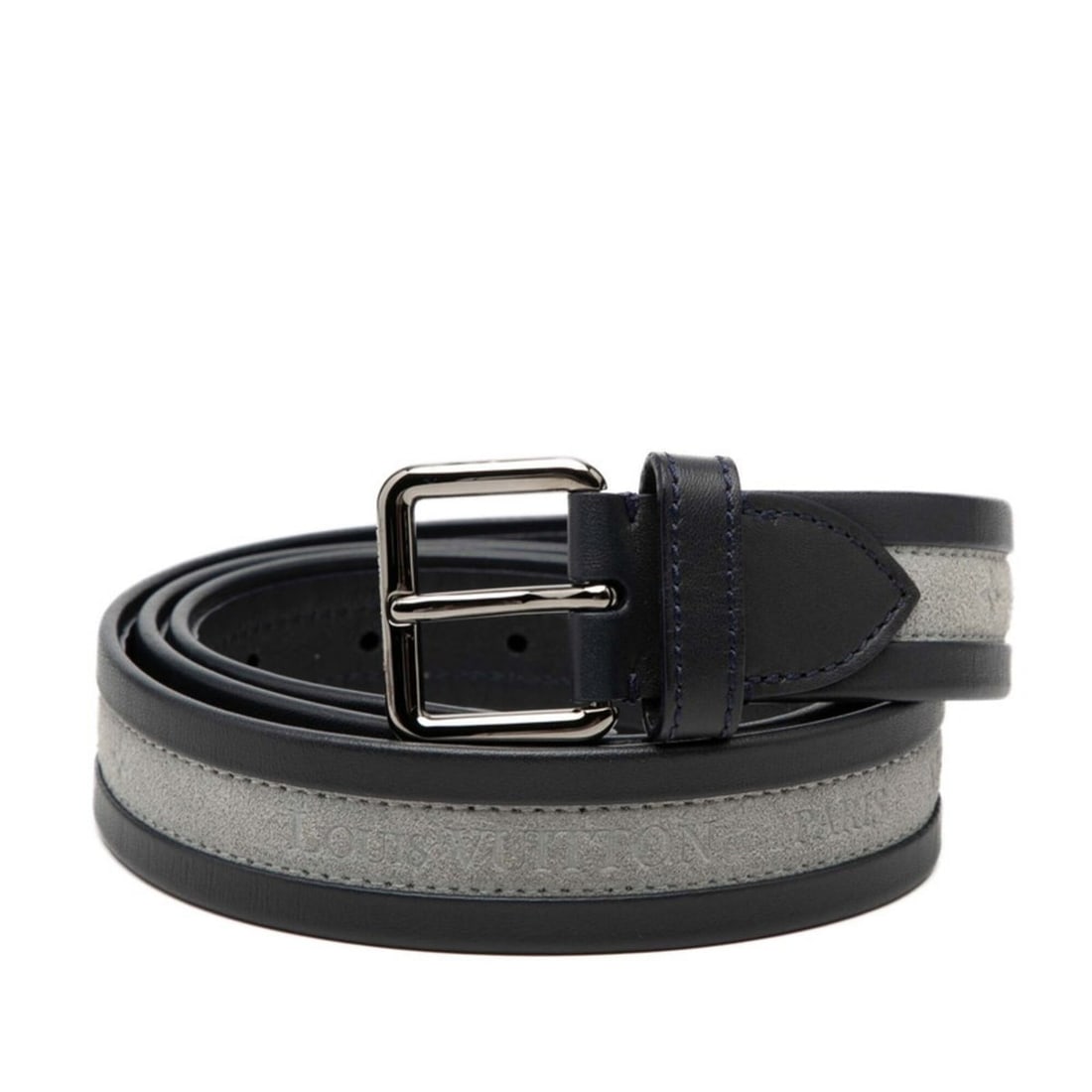 Louis Vuitton Belt, Size: 100/40, Navy/Gray Leather/Suede, Men's, LOUIS VUITTON: --- Catalog ---Category: SizeWidth: 3cm / 1.18''Length: 95cm - 105cm / 37.4'' - 41.33''Category: DesignType: Standard beltColor: Gray, NavyGender: MenLeather/Fur Type: Suede leatherMaterial (Strap): L