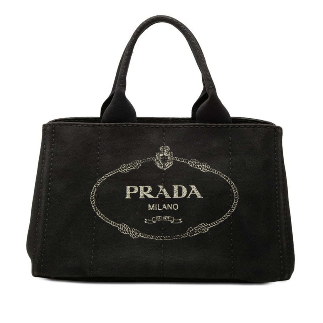 Prada Triangle Logo Plate Canapa Medium Handbag Tote Bag Black Canvas Women's PRADA (1 of 10)