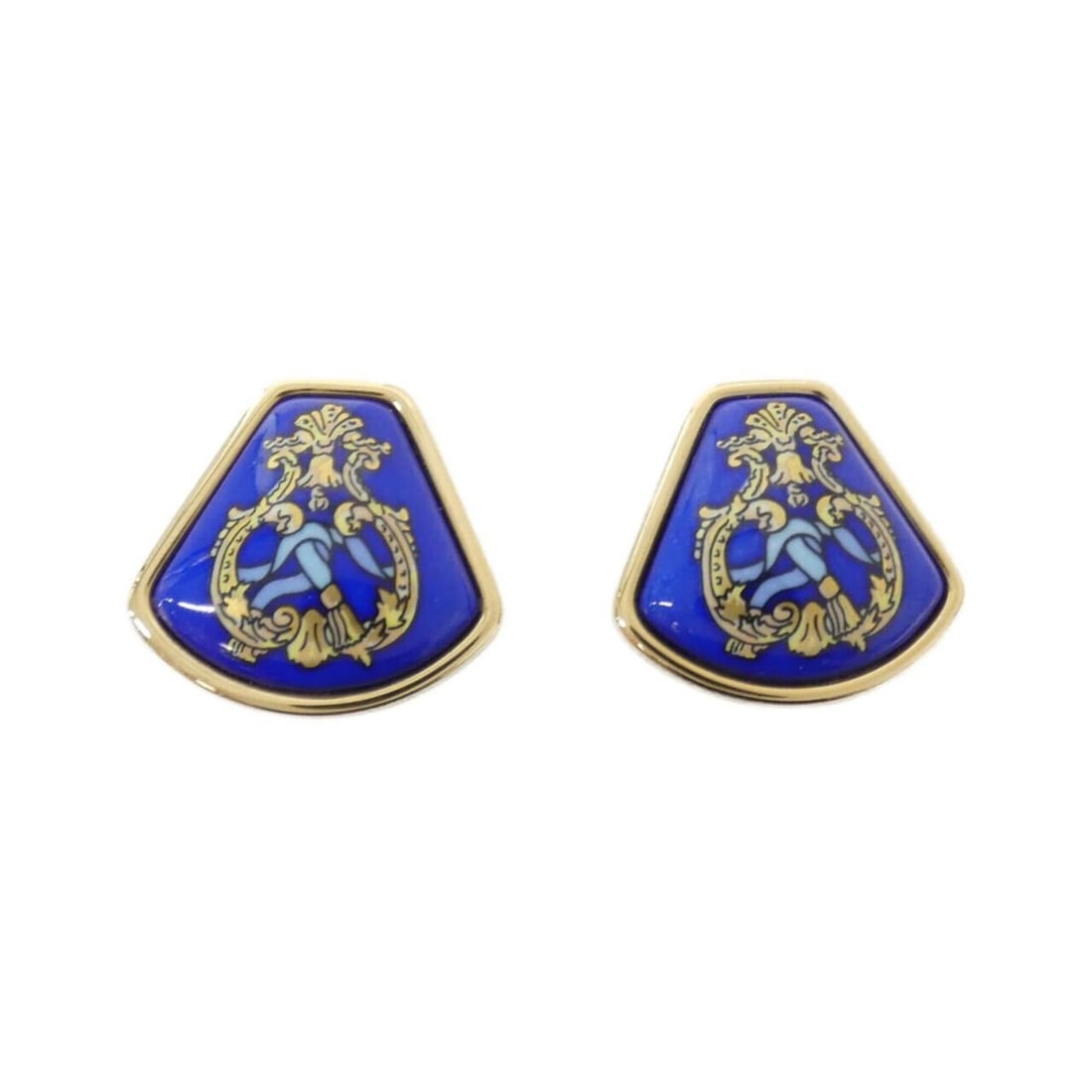 Hermes earrings: --- Catalog ---Category: SizeSize (HxWxD): 25.00mm x 27.00mm / 0.98'' x 1.06''Category: DesignType: Clip earringsColor: Blue, GoldGender: WomenCategory: GeneralBrand: Hermes--- Item List ---Section: