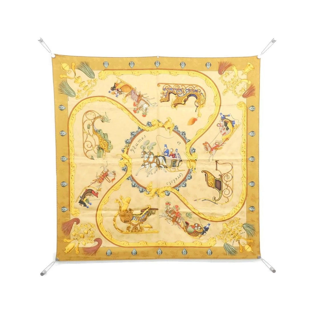 Hermes Plumes et Grelots Carre Scarf Muffler: --- Catalog ---Category: SizeSize (LxW): 90cm x 90cm / 35.43'' x 35.43''Category: DesignType: ScarfColor: CamelGender: Men,WomenMaterial: Silk Category: GeneralBrand: Hermes--- Item List ---Section: