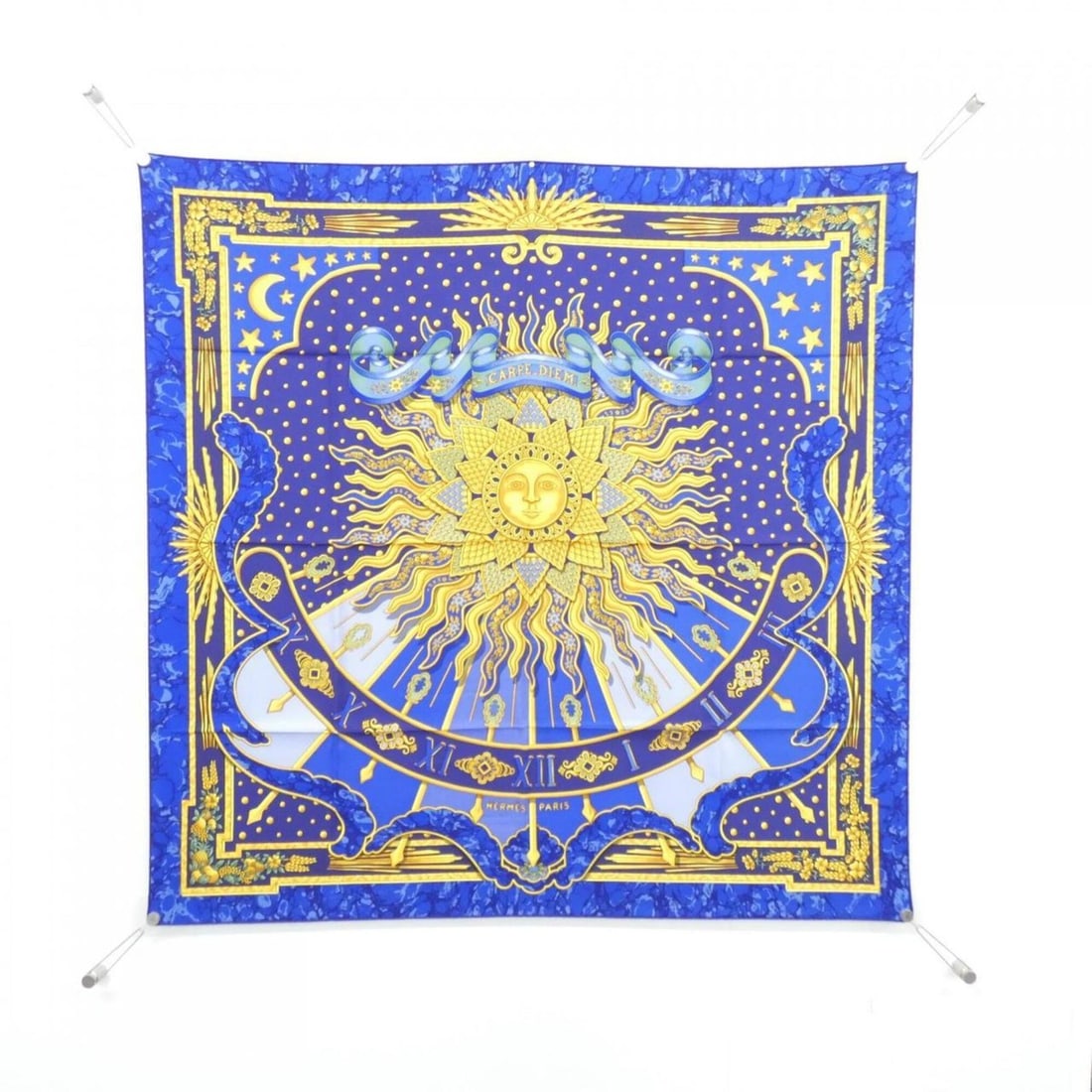 Hermes Carre Diem Scarf Muffler: --- Catalog ---Category: SizeSize (LxW): 90cm x 90cm / 35.43'' x 35.43''Category: DesignType: ScarfColor: BlueGender: Women,MenMaterial: Silk Category: GeneralBrand: Hermes--- Item List ---Section: