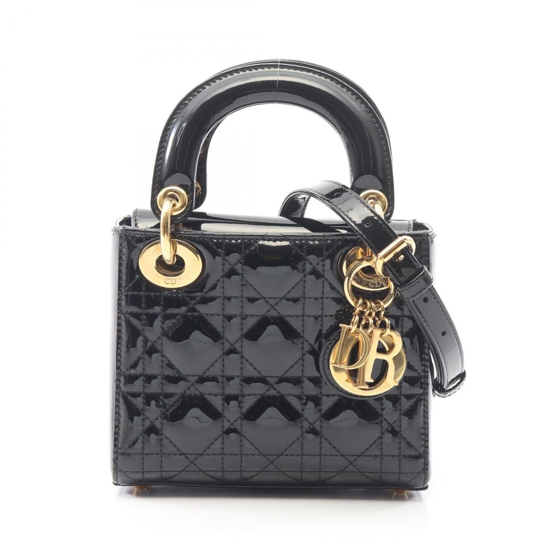 Christian Dior Dior Lady Mini Cannage 2-Way Handbag, Patent Leather, Women's, Black (1 of 15)