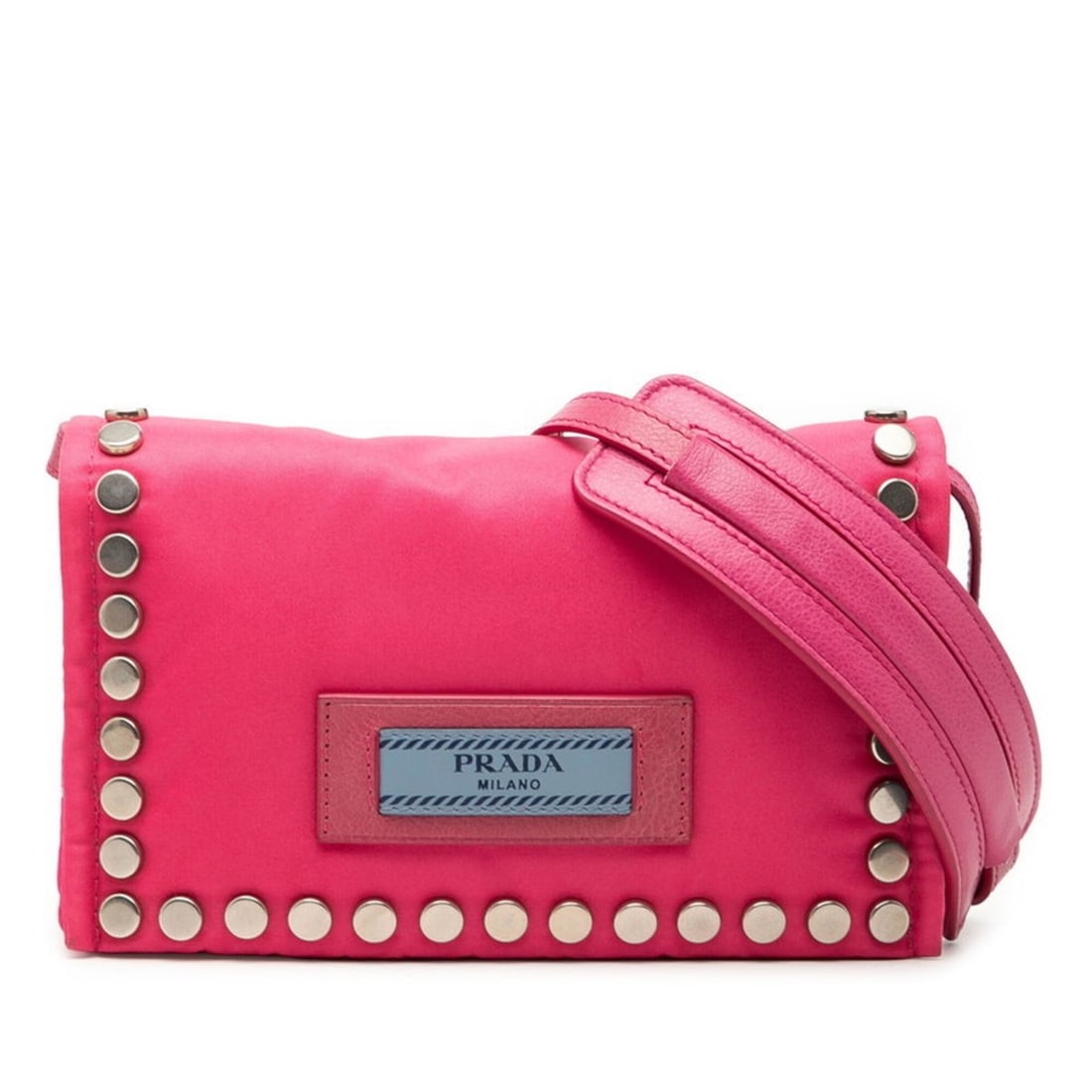 Prada Studded Crossbody Shoulder Bag, Pink Nylon Leather, Women's PRADA: --- Catalog ---Category: SizeSize (HxWxD): 11cm x 18cm x 3cm / 4.33'' x 7.08'' x 1.18''Category: DesignType: Shoulder bagColor: PinkGender: WomenMaterial: Nylon Category: GeneralBrand: Prada--- Item L