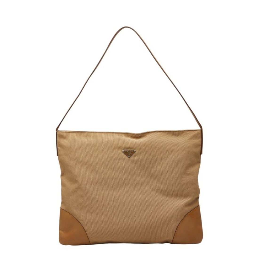 Prada Triangle Logo Plate One-Shoulder Bag, Beige Canvas Leather, Women's PRADA (1 of 15)