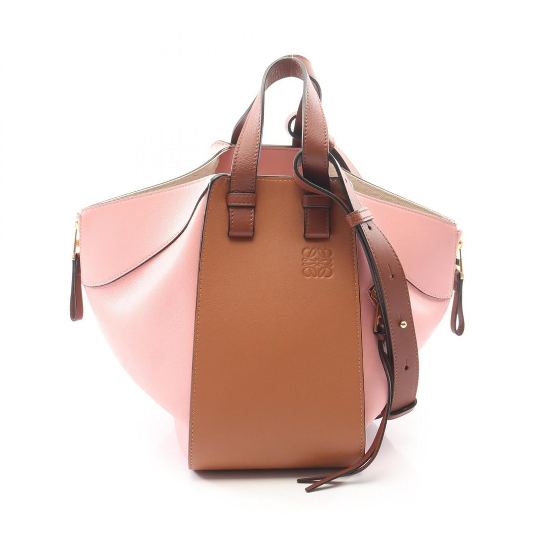 Loewe Hammock Small 2-Way Handbag, Leather, Women's, Pink/Brown: --- Catalog ---Category: SizeSize (HxWxD): 24cm x 14cm x 25cm / 9.44'' x 5.51'' x 9.84''Category: DesignType: HandbagColor: Brown, PinkGender: WomenMaterial: Leather Category: GeneralBrand: Loewe--- I