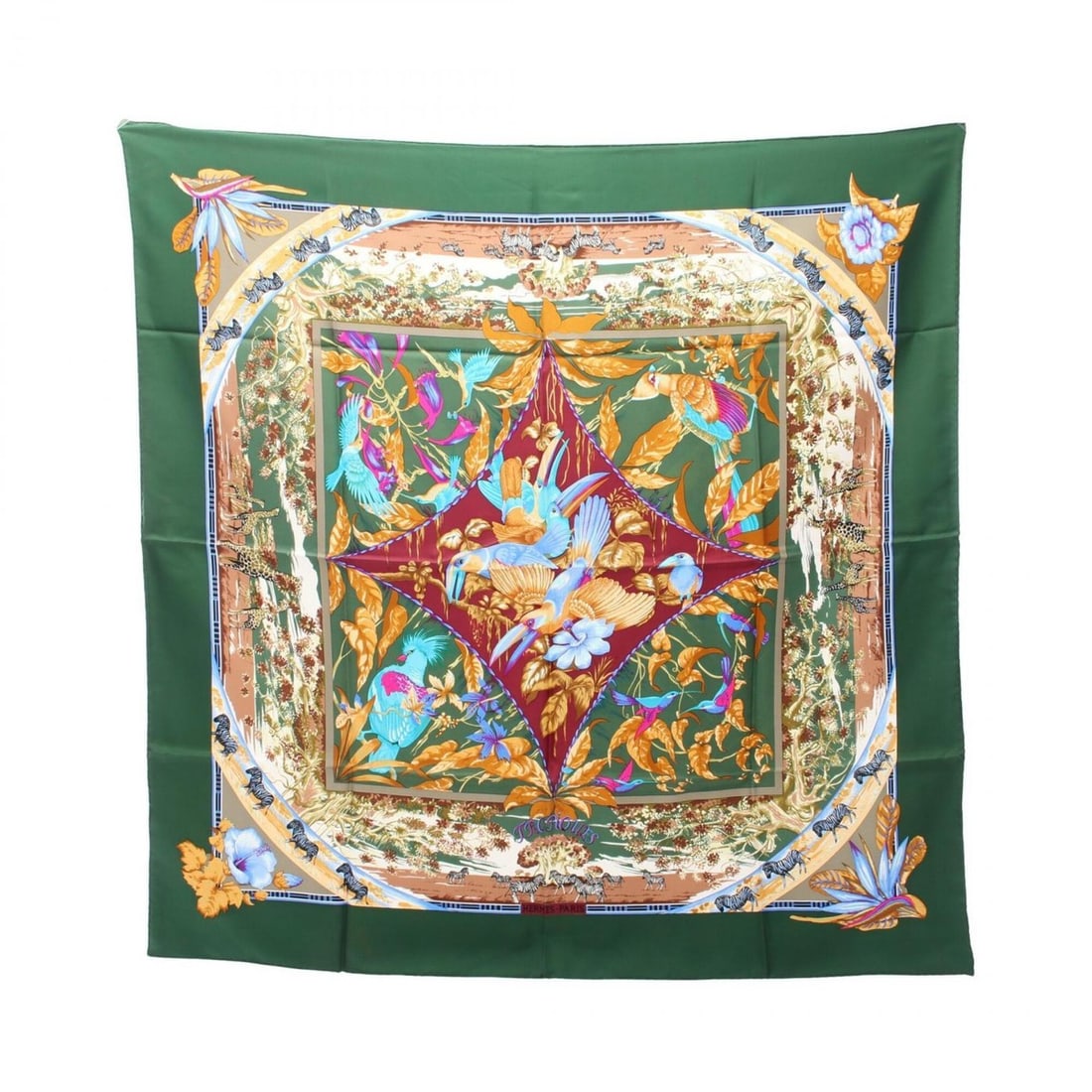 Hermes Carre 90 Tropices Scarf/Muffler, Silk, Women's, Green/Multicolor: --- Catalog ---Category: SizeSize (LxW): 89cm x 89cm / 35.03'' x 35.03''Category: DesignType: ScarfColor: Green, Multi-colorGender: WomenMaterial: Silk Category: GeneralBrand: Hermes--- Item List ---S