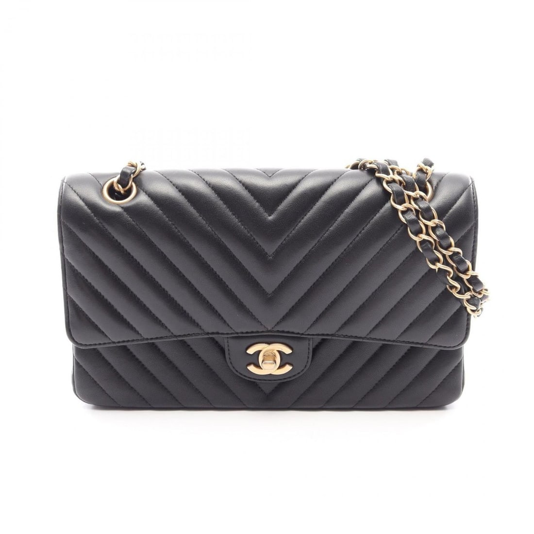 Chanel Chevron V-stitch Double Flap Shoulder Bag/Handbag, Lambskin Leather, Women's, Black: --- Catalog ---Category: SizeSize (HxWxD): 15cm x 25cm x 6.5cm / 5.9'' x 9.84'' x 2.55''Category: DesignType: Handbag, Shoulder bagColor: BlackGender: WomenMaterial: Leather Hardware Color: GoldLeathe