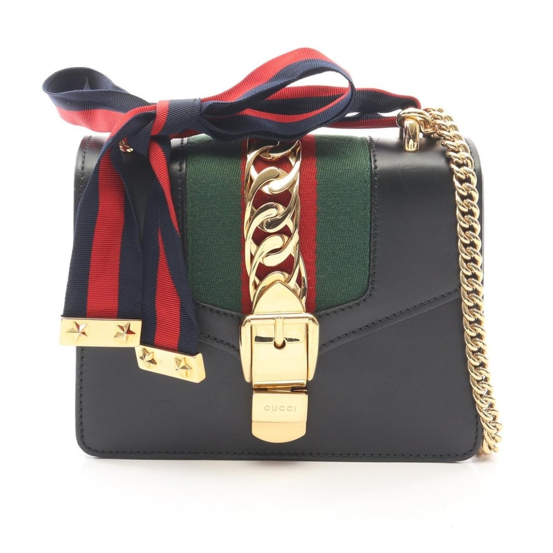 Gucci Sylvie Web Line Shoulder Bag/Handbag, Leather, Women's, Black/Multicolor, 431666: --- Catalog ---Category: SizeSize (HxWxD): 14.5cm x 18.5cm x 7cm / 5.7'' x 7.28'' x 2.75''Category: DesignType: Handbag, Shoulder bagColor: Black, Multi-colorGender: WomenMaterial: Leather Category: G