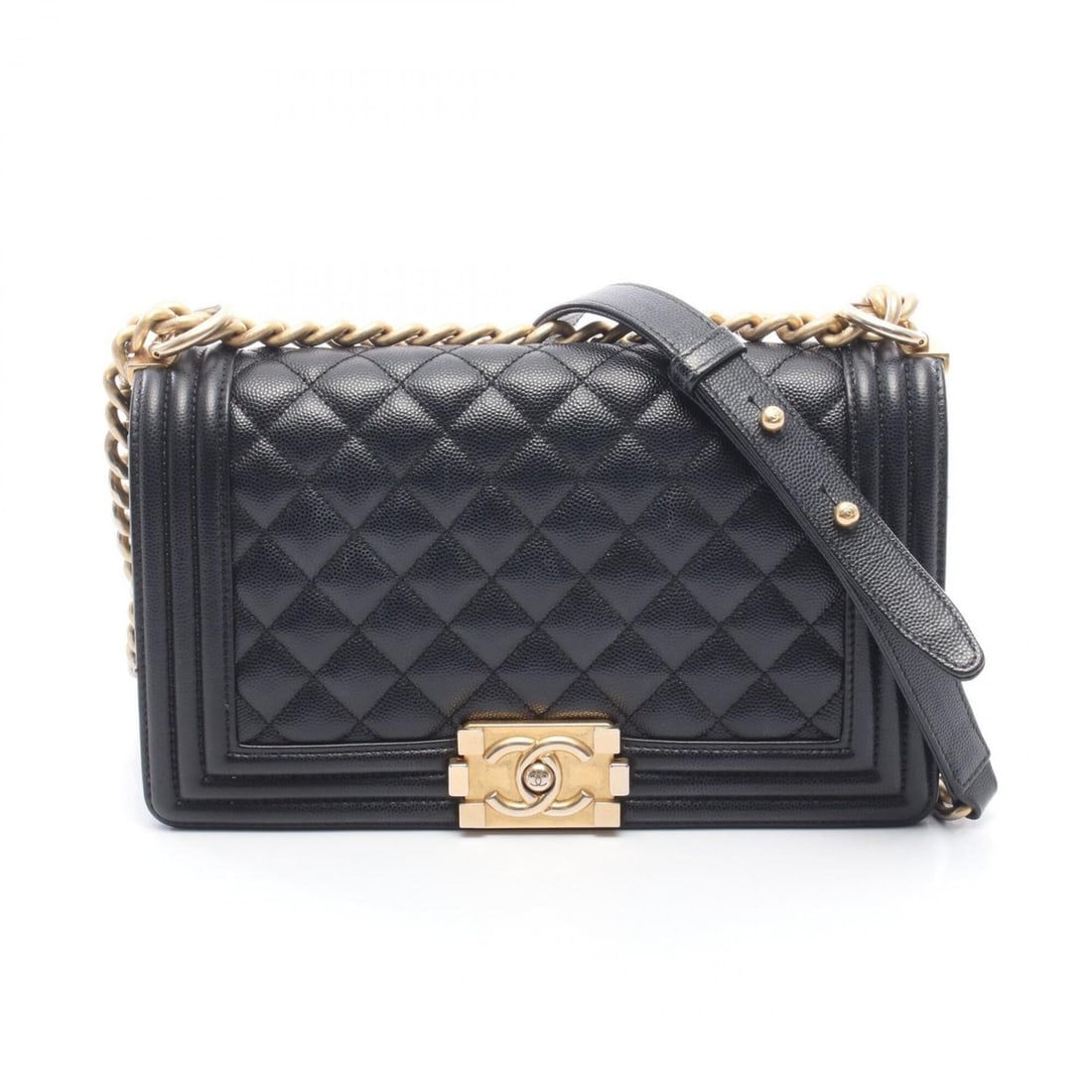Chanel Boy Shoulder Bag/Handbag, Caviar Leather (Grained Calfskin), Women's, Black, A67086: --- Catalog ---Category: SizeSize (HxWxD): 14.5cm x 25cm x 7cm / 5.7'' x 9.84'' x 2.75''Category: DesignType: Handbag, Shoulder bagColor: BlackGender: WomenMaterial: Grained Calfskin Hardware Color: G
