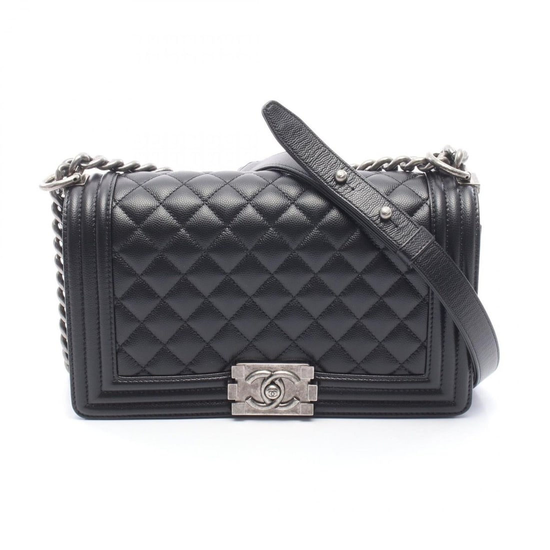 Chanel Boy Shoulder Bag/Handbag, Caviar Leather (Grained Calfskin), Women's, Black, A67086: --- Catalog ---Category: SizeSize (HxWxD): 14.5cm x 25cm x 7cm / 5.7'' x 9.84'' x 2.75''Category: DesignType: Handbag, Shoulder bagColor: BlackGender: WomenMaterial: Grained Calfskin Hardware Color: S