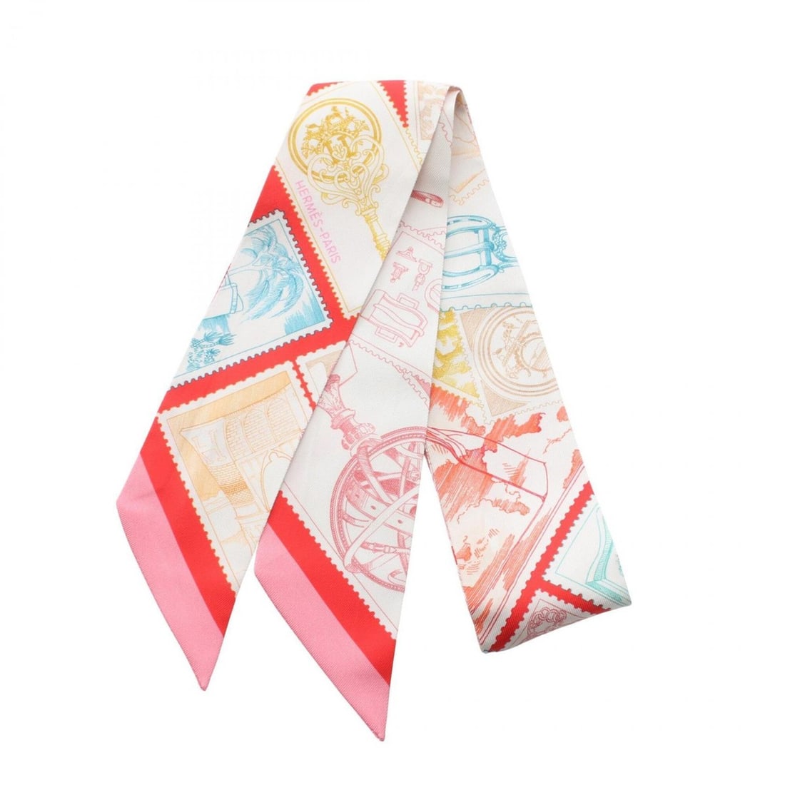 Hermes Twilly Le Philateliste du Faubourg Scarf Muffler Silk Women's White Red Multicolor: --- Catalog ---Category: SizeSize (LxW): 85cm x 5cm / 33.46'' x 1.96''Category: DesignType: ScarfColor: Multi-color, Red color, WhiteGender: WomenMaterial: Silk Category: GeneralBrand: Hermes--- Item 