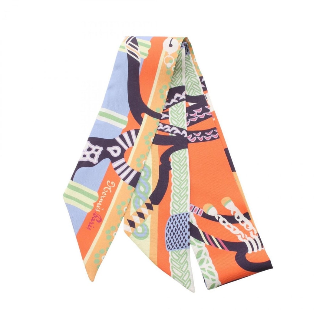 Hermes Twilly Fantaisie d'Etriers Ribbon Scarf Muffler Silk Women's Orange Multicolor: --- Catalog ---Category: SizeSize (LxW): 85cm x 5cm / 33.46'' x 1.96''Category: DesignType: ScarfColor: Multi-color, OrangeGender: WomenMaterial: Silk Category: GeneralBrand: Hermes--- Item List ---Se