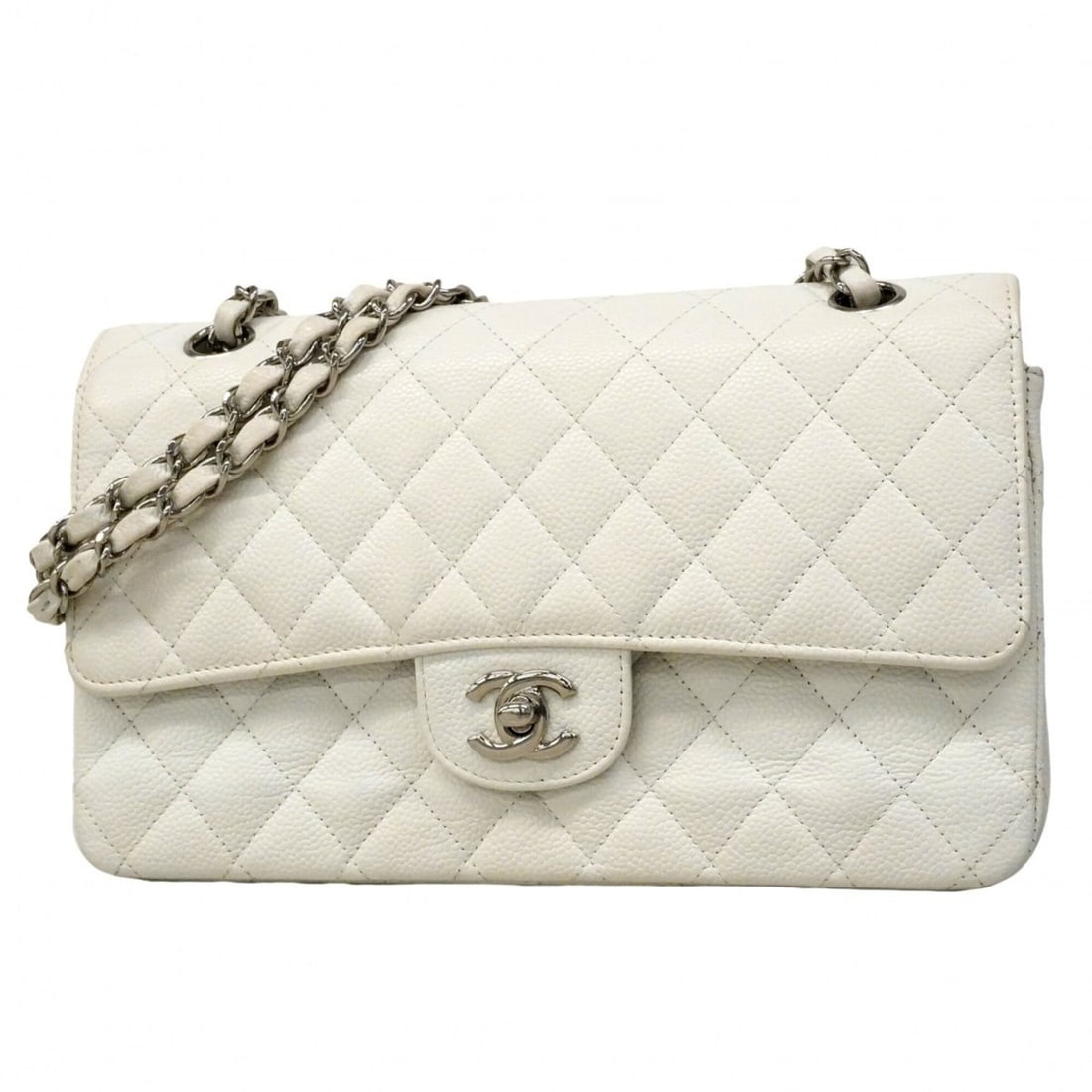 Chanel Matelassé Shoulder Bag, Double Flap, Chain, Caviar Leather, White, Women's: --- Catalog ---Category: SizeSize (HxWxD): 15cm x 26cm x 7cm / 5.9'' x 10.23'' x 2.75''Category: DesignType: Shoulder bagColor: WhiteGender: WomenMaterial: Grained Calfskin Hardware Color: SilverCateg