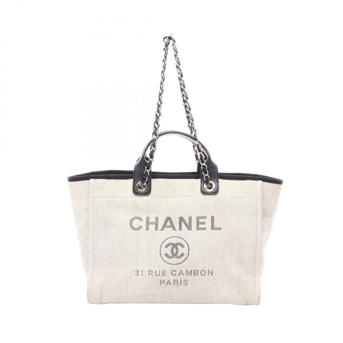 Chanel Deauville GM 2-Way Tote Bag/Handbag, Leather & Raffia, Women's, Gray/Black, A66941: --- Catalog ---Category: SizeSize (HxWxD): 29cm x 38cm x 19cm / 11.41'' x 14.96'' x 7.48''Category: DesignType: Handbag, Tote bagColor: Black, GrayGender: WomenMaterial: Leather Category: GeneralMPN: 