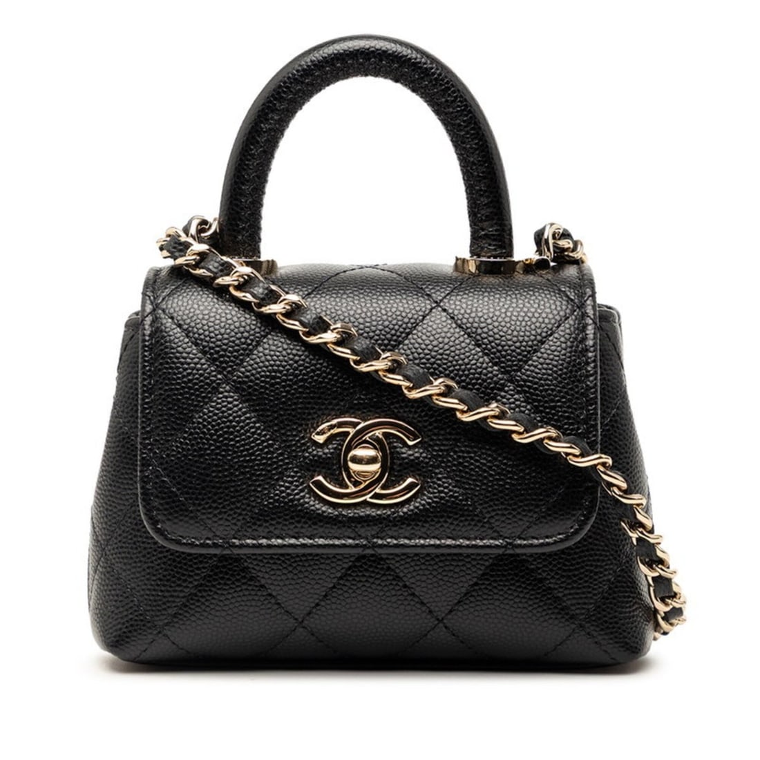 Chanel Matelassé Coco Handle Micro Handbag Chain Shoulder Bag 2WAY AP4245 Black Caviar Skin Women's (1 of 9)