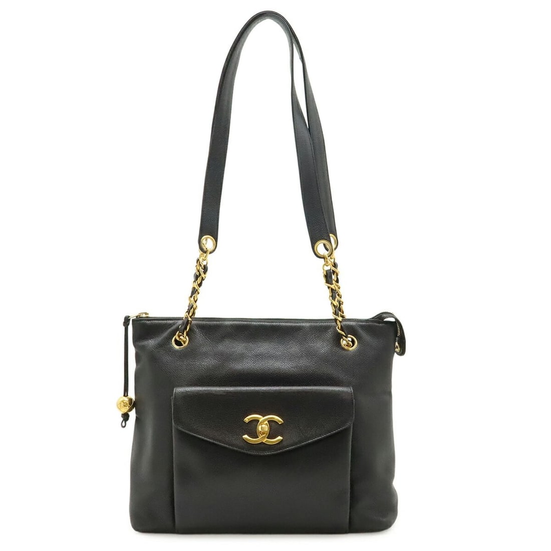 CHANEL Coco Mark Ball Chain Tote Bag Shoulder Caviar Leather Black: --- Catalog ---Category: SizeSize (HxWxD): 26cm x 31cm x 10.5cm / 10.23'' x 12.2'' x 4.13''Category: DesignType: Shoulder bag, Tote bagColor: BlackGender: WomenMaterial: Grained Calfskin Category: Gen