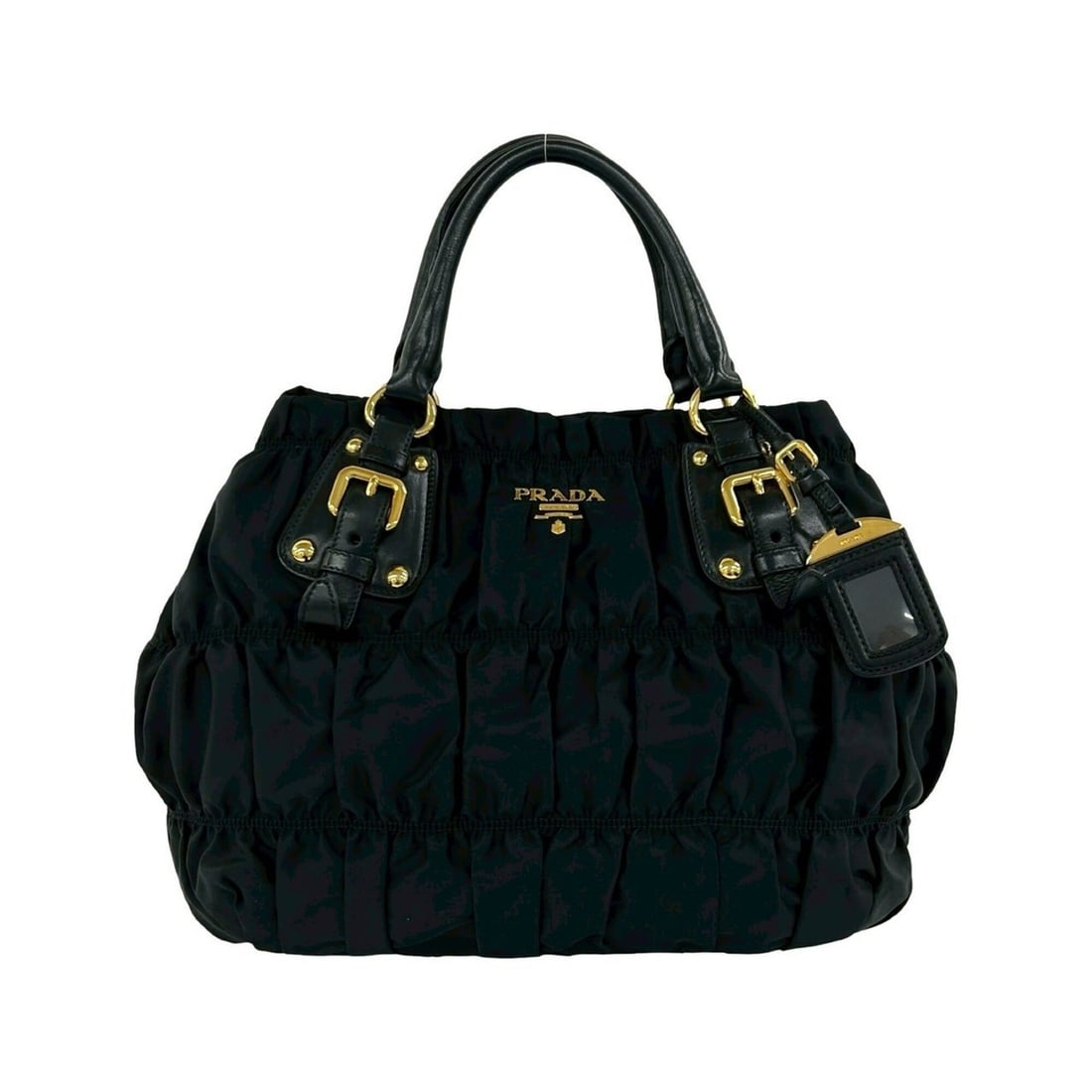 PRADA Prada Logo Hardware Gathered Tessuto Nylon Leather Genuine Handbag Tote Bag Black 09706: --- Catalog ---Category: SizeSize (HxWxD): 28cm x 37cm x 15cm / 11.02'' x 14.56'' x 5.9''Category: DesignType: Handbag, Tote bagColor: BlackGender: WomenMaterial: Nylon , Leather Category: GeneralBran