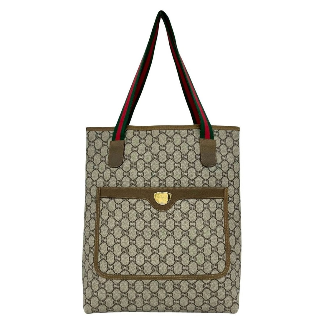 GUCCI Old Gucci Sherry Line Plus Logo Hardware GG Pattern Leather Tote Bag Brown 84093: --- Catalog ---Category: SizeSize (HxWxD): 37cm x 33cm x 7cm / 14.56'' x 12.99'' x 2.75''Category: DesignType: Tote bagColor: Brown, Green, Red colorGender: WomenMaterial: Leather , PVC Category: Gene