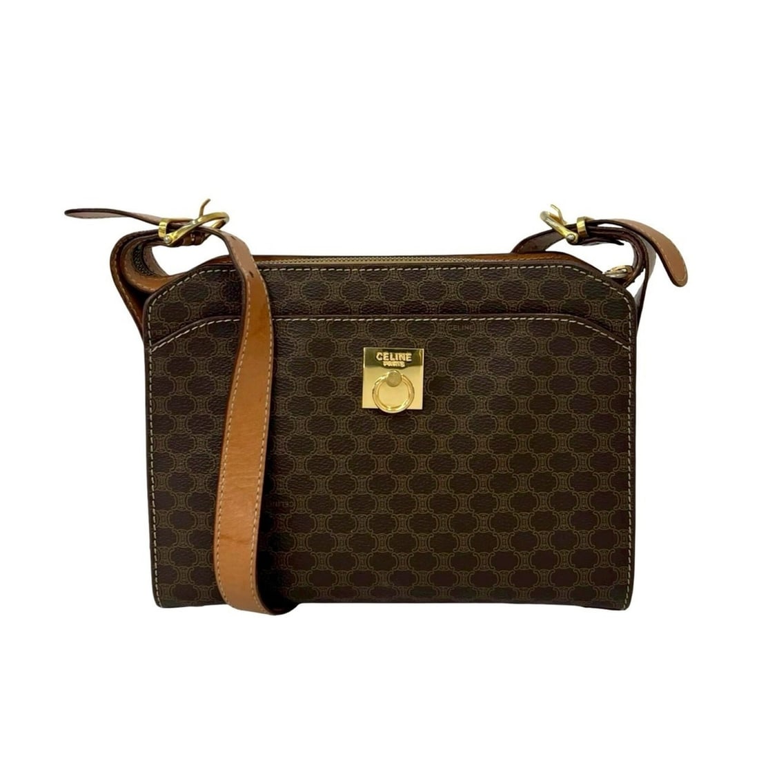 CELINE Vintage Magadam Blazon Triomphe Pattern Logo Ring Hardware Leather Shoulder Bag Brown 66198: --- Catalog ---Category: SizeSize (HxWxD): 17.5cm x 24cm x 6cm / 6.88'' x 9.44'' x 2.36''Category: DesignType: Shoulder bagColor: BrownGender: WomenMaterial: PVC , Leather Category: GeneralBrand: Celi