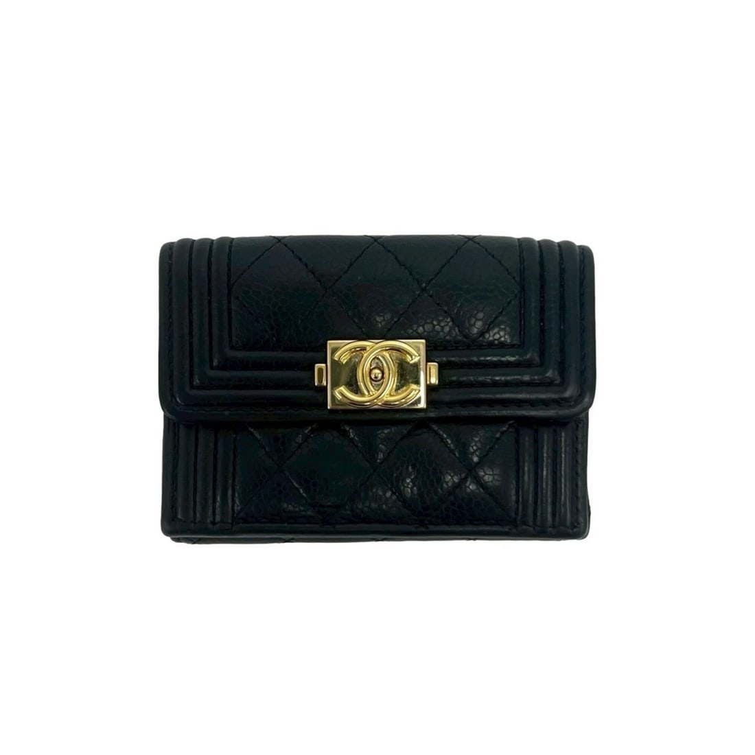CHANEL Boy Chanel Caviar Skin Leather Tri-fold Wallet, Black, 53389: --- Catalog ---Category: SizeSize (HxWxD): 7.5cm x 10.5cm x 3.5cm / 2.95'' x 4.13'' x 1.37''Category: DesignType: Wallet (tri-fold)Color: BlackGender: WomenMaterial: Grained Calfskin Category: General
