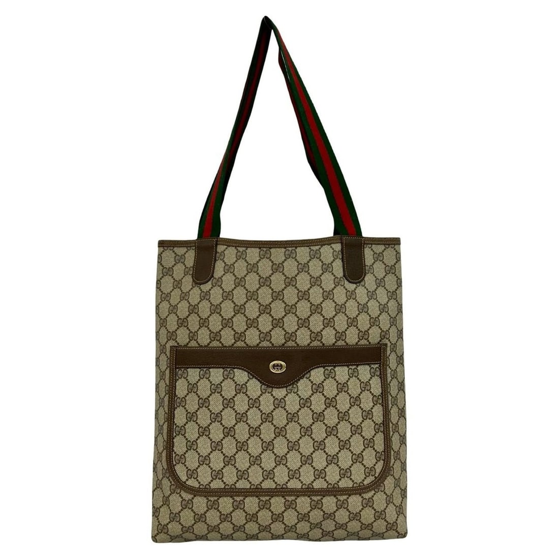 GUCCI Vintage Sherry Line GG Logo Leather Tote Bag/Handbag, Brown, 57642: --- Catalog ---Category: SizeSize (HxWxD): 35cm x 32cm x 9cm / 13.77'' x 12.59'' x 3.54''Category: DesignType: Handbag, Tote bagColor: Brown, Green, Red colorGender: WomenMaterial: Leather , PVC Categ