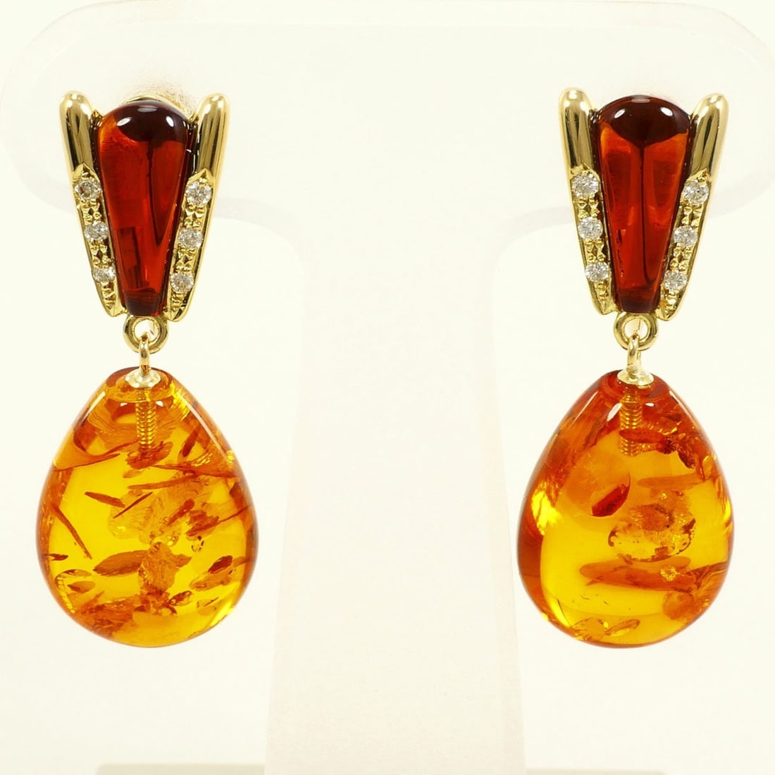 18K (18-karat) Yellow Gold Earrings with Amber and Garnet, Total Weight 5.6g, Jewelry (1 of 12)
