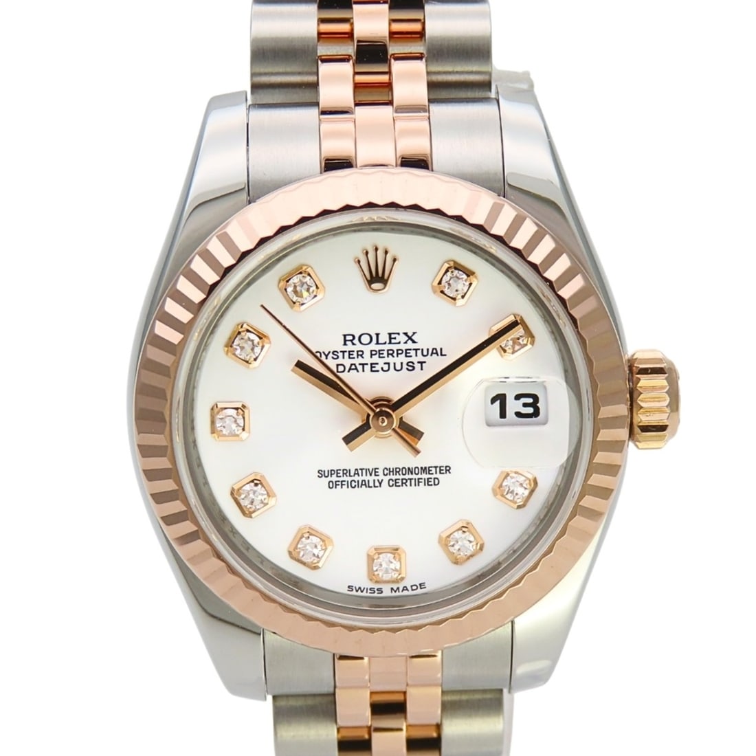 Rolex Datejust 179171G Stainless Steel Diamond 18K Everose Gold 10PD Combination Ladies Watch ROLEX: --- Catalog ---Category: SizeWrist Size: 15.5cm / 6.1''Case Diameter: 26mm / 1.02''Category: DesignType: WristwatchGender: WomenColor (Dial): WhiteMaterial (Band): Everose gold (18K), Stainless steelM
