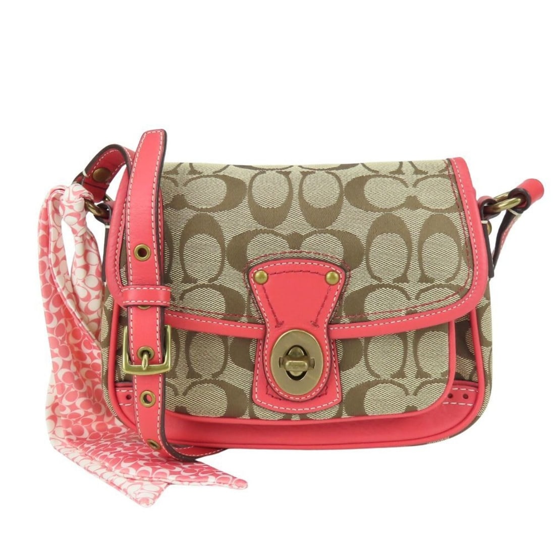 Coach Signature Shoulder Bag 10569 Canvas Leather Beige Pink Pouch Women's COACH: --- Catalog ---Category: SizeWeight: 350g / 12.34oz.Size (HxWxD): 15.5cm x 20.5cm x 5cm / 6.1'' x 8.07'' x 1.96''Strap Length: 126cm / 49.6''Category: DesignType: Pochette, Shoulder bagColor: Beige pi