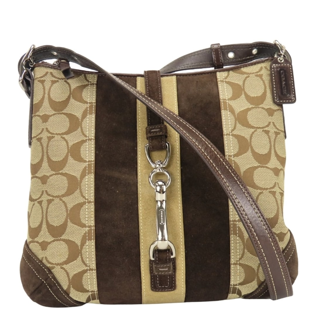 Coach Signature Shoulder Bag, 8K12 Canvas, Suede, Leather, Brown, Silver Hardware, Women's COACH: --- Catalog ---Category: SizeWeight: 470g / 1.03lb.Size (HxWxD): 23.5cm x 27cm x 4cm / 9.25'' x 10.62'' x 1.57''Strap Length: 113.5cm / 44.68''Category: DesignType: Shoulder bagColor: BrownGender: Wom
