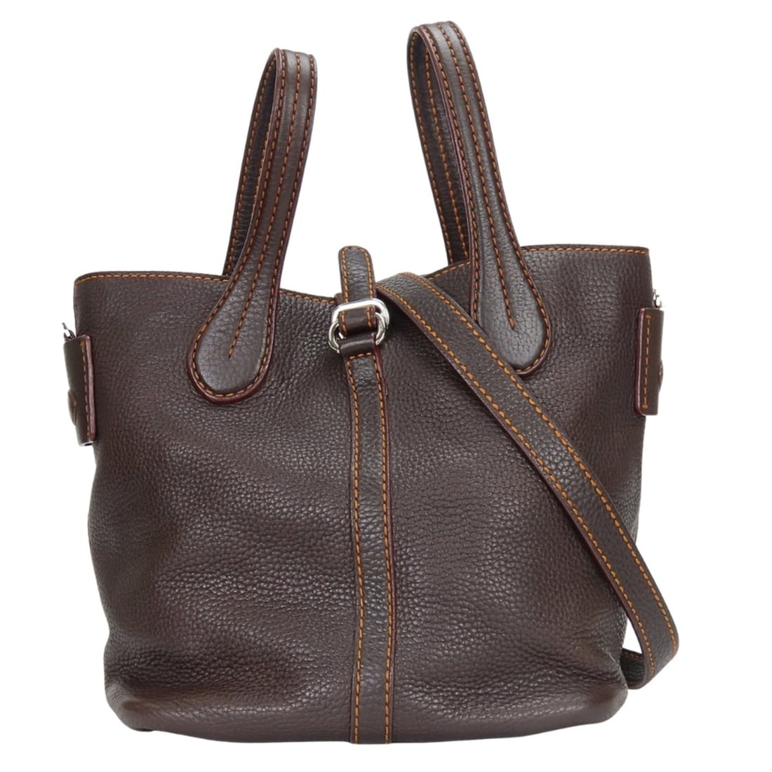 Tod's handbag, stitched leather, dark brown and orange, silver hardware, shoulder bag, women's.: --- Catalog ---Category: SizeWeight: 830g / 1.82lb.Size (HxWxD): 26cm x 33cm x 20cm / 10.23'' x 12.99'' x 7.87''Strap Length: 118cm / 46.45''Handle Length: 27cm / 10.62''Category: DesignType: HandbagC