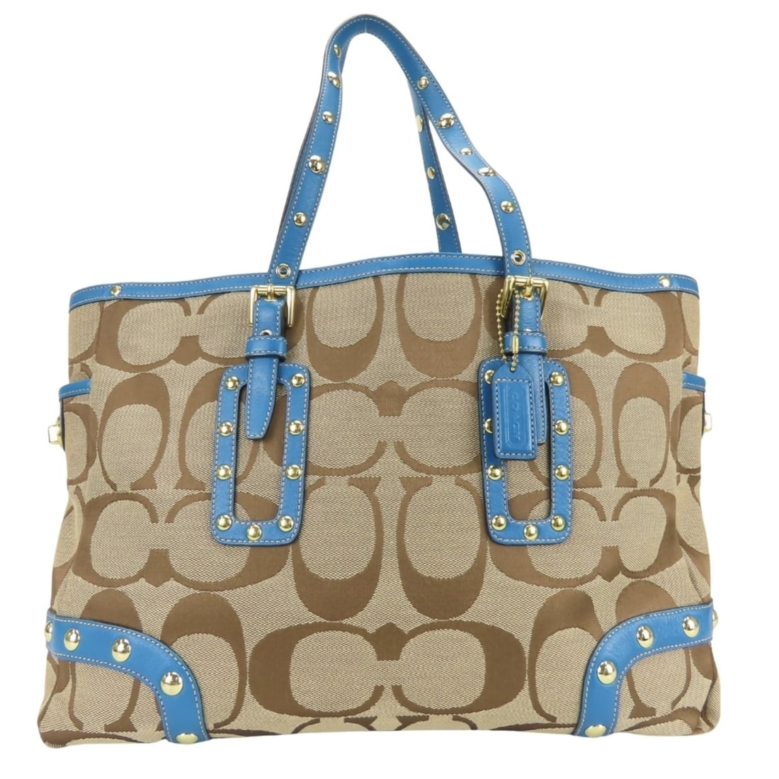 Coach Signature Tote Bag 1488 Canvas Leather Blue Brown Studs Women's COACH: --- Catalog ---Category: SizeWeight: 720g / 1.58lb.Size (HxWxD): 25cm x 36cm x 10cm / 9.84'' x 14.17'' x 3.93''Handle Length: 45.5cm / 17.91''Category: DesignType: Tote bagColor: Blue, BrownGender: Wo