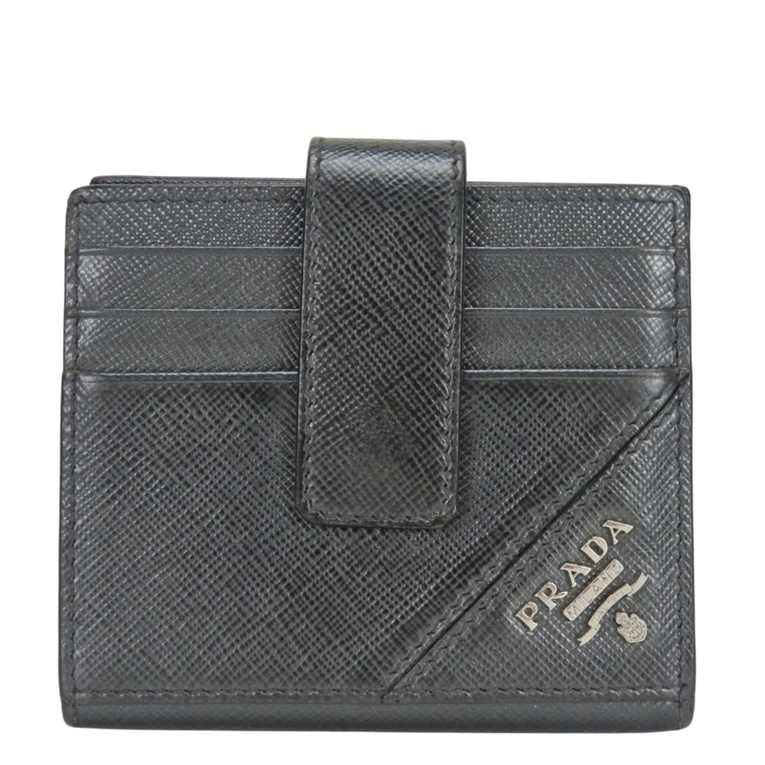 Prada Billfold Wallet, Saffiano Leather, 2MC063, Metallic Gray, Black, Silver Hardware, Bi-fold,: --- Catalog ---Category: SizeSize (HxWxD): 8.5cm x 9.5cm x 1cm / 3.34'' x 3.74'' x 0.39''Category: DesignType: Bill wallet (bi-fold)Color: Black, Metallic grayGender: MenMaterial: Leather Category: