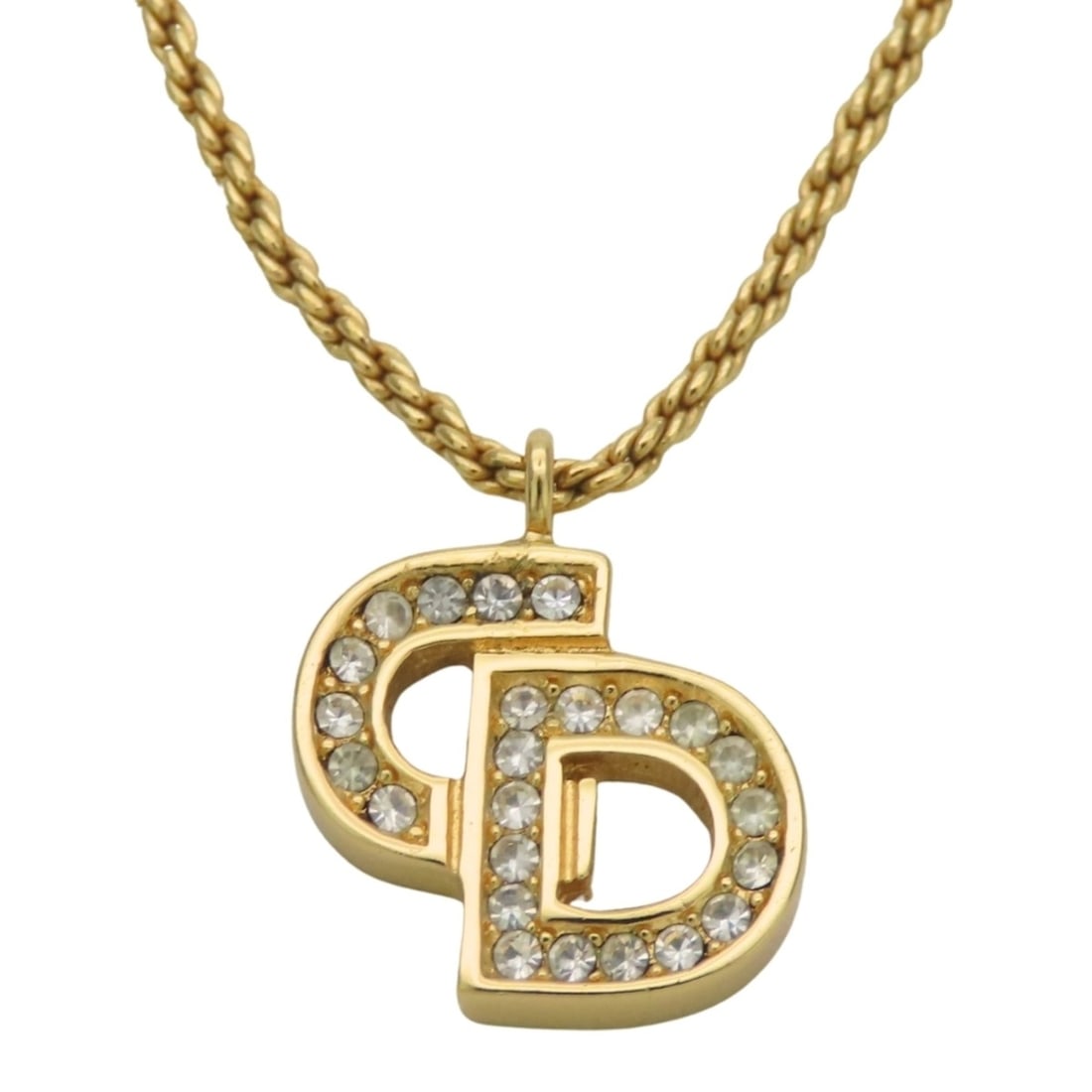 Christian Dior Necklace Logo Metal Rhinestone Gold Plated Pendant for Women: --- Catalog ---Category: SizePendant Size: 17mm x 15mm / 0.66'' x 0.59''Neck Circumference: 42.5 cm / 16.73''Category: DesignColor: GoldStone: RhinestoneGender: WomenMaterial: MetalPendant Type: Penda