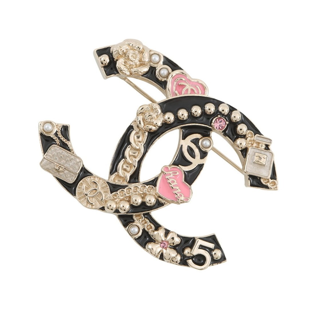 Chanel Brooch, Coco Mark Rhinestone, Faux Pearl, B24S ABD353 CHANEL Brooch: --- Catalog ---Category: SizeSize (HxWxD): 3.6cm x 4.9cm / 1.41'' x 1.92''Category: DesignType: BroochColor: Black, Champagne goldGender: Women,MenMaterial: Gold plating, RhinestoneCategory: GeneralMP
