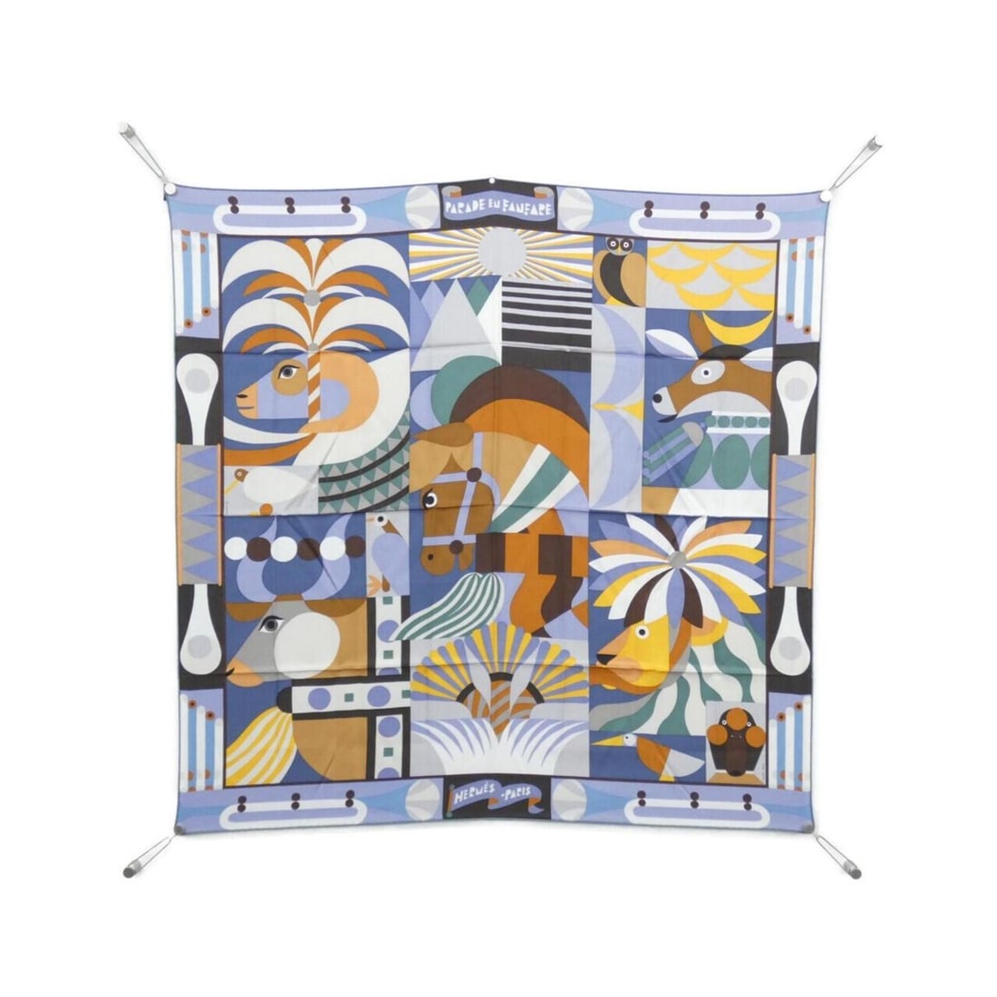 Hermes Parade EU Fanfare Carre Scarf Muffler: --- Catalog ---Category: SizeSize (LxW): 90cm x 90cm / 35.43'' x 35.43''Category: DesignType: ScarfColor: BlueGender: Men,WomenMaterial: Silk Category: GeneralBrand: Hermes--- Item List ---Section: