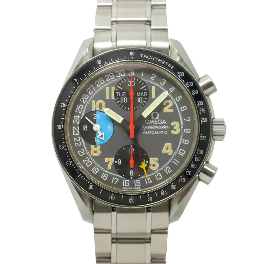 Omega Speedmaster Mark 40 AM PM Triple Calendar 3520 53 Men's Watch, Gray, Automatic Movement: --- Catalog ---Category: SizeWrist Size: 17.5cm / 6.88''Case Diameter: 39mm / 1.54''Category: DesignType: WristwatchGender: MenColor (Dial): Black, Blue, GrayMaterial (Band): Stainless steelMaterial (