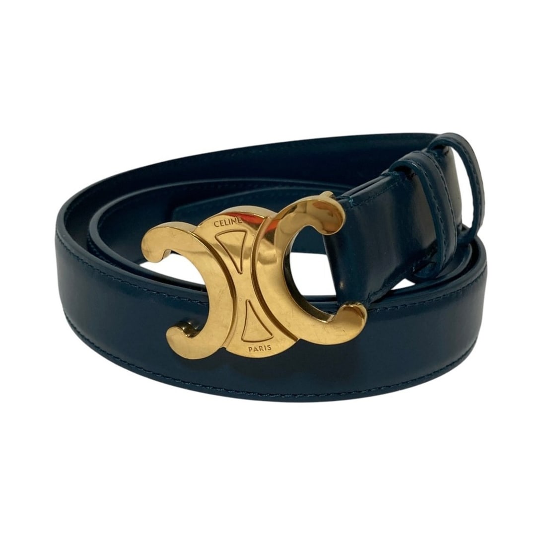 CELINE Triomphe Leather Belt F-NE-1261 Size 80 Navy Men's/Women's: --- Catalog ---Category: SizeWidth: 2.5cm / 0.98''Length: 75cm - 85cm / 29.52'' - 33.46''Buckle Size: 3cm / 1.18''Category: DesignType: Standard beltColor: NavyGender: Men,Women,UnisexMaterial