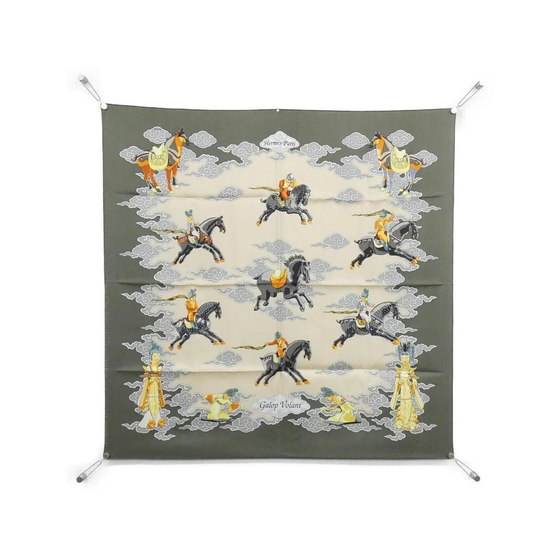 Hermes GALOP VOLANT Carre Scarf Muffler: --- Catalog ---Category: SizeSize (LxW): 90cm x 90cm / 35.43'' x 35.43''Category: DesignType: ScarfColor: Beige, GreenGender: Men,WomenMaterial: Silk Category: GeneralBrand: Hermes--- Item List