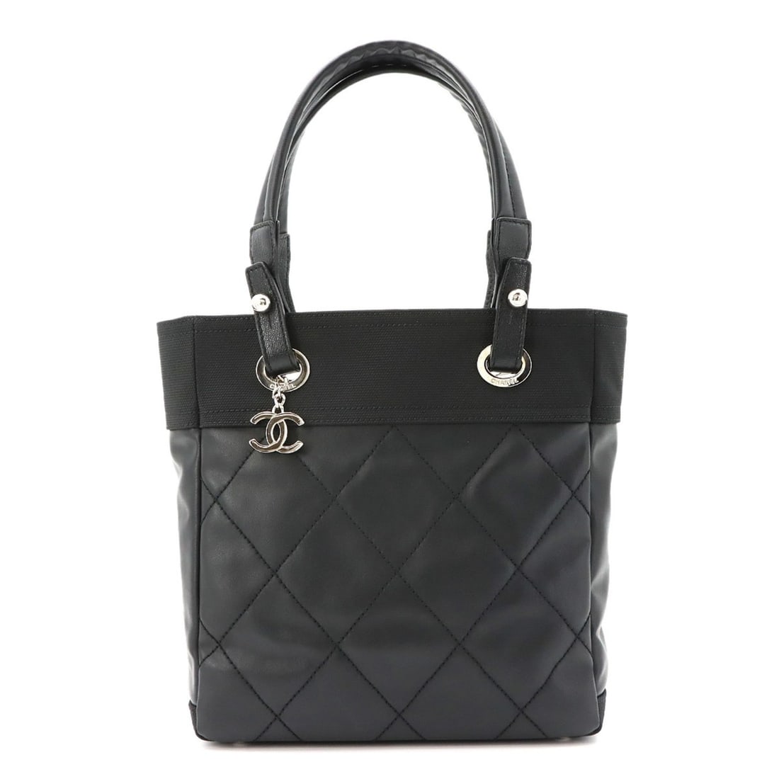 Chanel Paris Biarritz PM Tote Handbag, Nylon and Leather, Black, A34208, Silver Hardware: --- Catalog ---Category: SizeSize (HxWxD): 27cm x 25.5cm x 11cm / 10.62'' x 10.03'' x 4.33''Category: DesignType: Handbag, Tote bagColor: BlackGender: WomenMaterial: Nylon , PVC , Leather Category: Ge