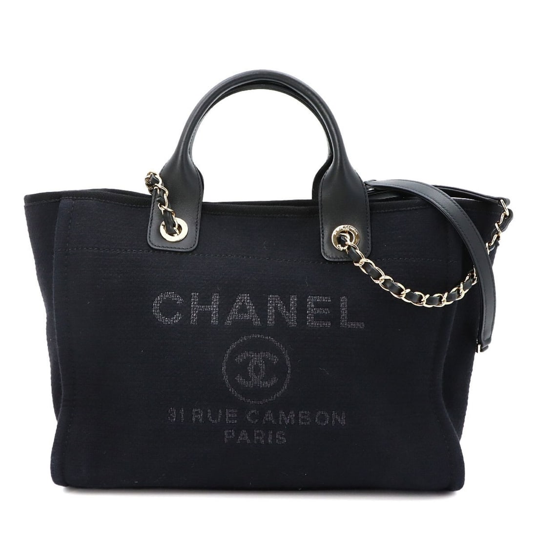 Chanel Deauville Small 2-Way Tote Chain Shoulder Handbag Canvas Leather Black AS3257 Bag: --- Catalog ---Category: SizeSize (HxWxD): 24cm x 41cm x 15cm / 9.44'' x 16.14'' x 5.9''Category: DesignType: Handbag, Tote bagColor: BlackGender: WomenMaterial: Canvas , Leather Category: GeneralMPN: