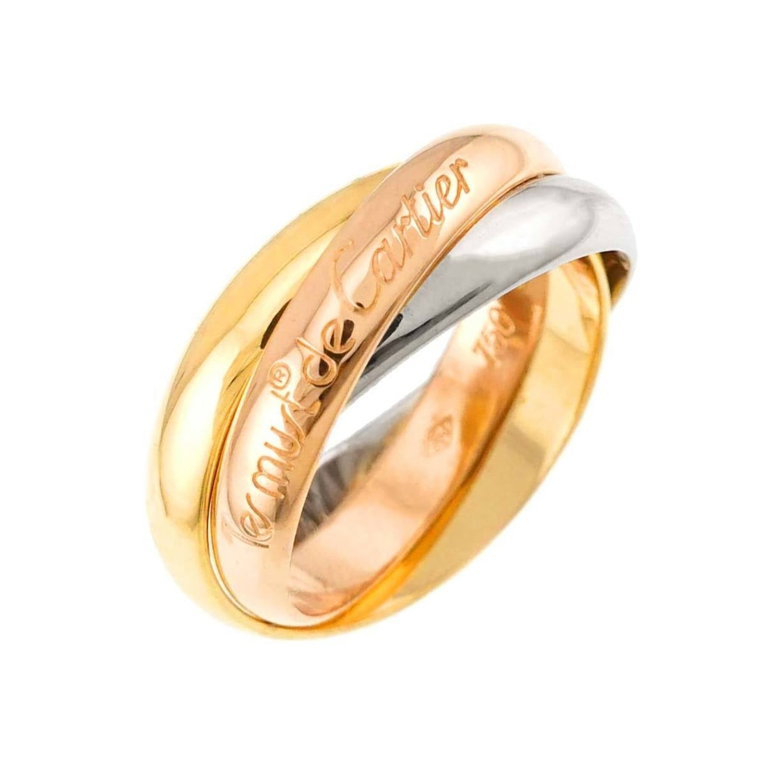 Cartier Trinity Ring #53 MM 18K YG WG PG Triple Band Three Gold Color 750: --- Catalog ---Category: SizeUS Size: 6.5Brand Size: 53Category: DesignType: Band ringGender: WomenMaterial: Pink gold (18K), White gold (18K), Yellow gold (18K)Category: GeneralBrand: Cartier--- Item