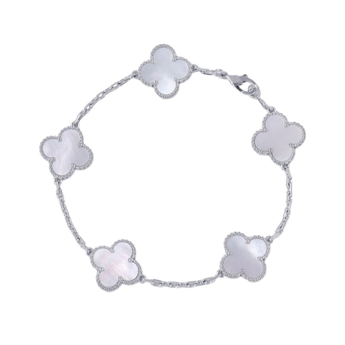 Van Cleef & Arpels Alhambra Bracelet, 5 Motifs, Mother-of-Pearl, 18K White Gold (VCARF48400): --- Catalog ---Category: SizeLength: 18cm / 7.08''Weight: 11.8g / 0.41oz.Total Length: 19cm / 7.48''Category: DesignType: Charm braceletGender: WomenMaterial: White gold (18K)Category: GeneralLine: Al