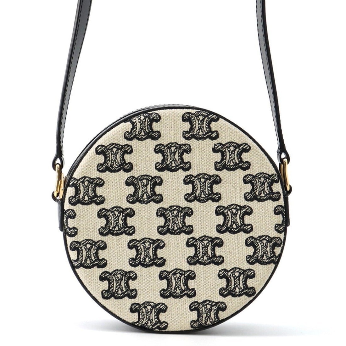 Celine shoulder bag, Triomphe round canvas leather 10G812, CELINE handbag, black,: --- Catalog ---Category: SizeWeight: 10g / 0.35oz.Size (HxWxD): 13.5cm x 13.5cm x 4cm / 5.31'' x 5.31'' x 1.57''Strap Length: 104.5cm - 118.5cm / 41.14'' - 46.65''Category: DesignType: Shoulder bagCol