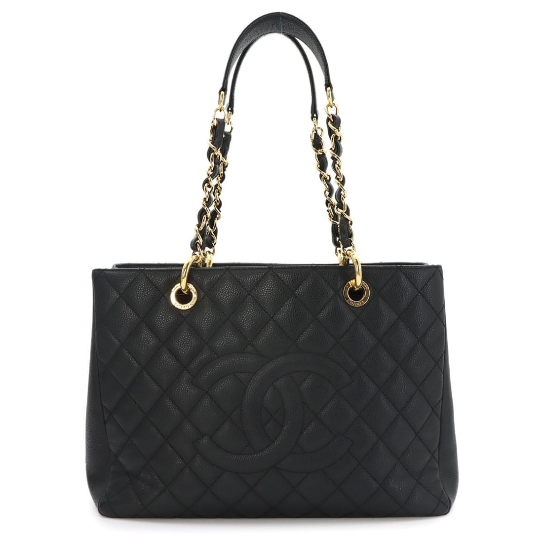 Chanel Matelasse Grand Chain Tote Handbag GST Caviar Leather Black A50995: --- Catalog ---Category: SizeSize (HxWxD): 24cm x 33cm x 14cm / 9.44'' x 12.99'' x 5.51''Category: DesignType: Handbag, Tote bagColor: BlackGender: WomenMaterial: Grained Calfskin Hardware Color: Gold