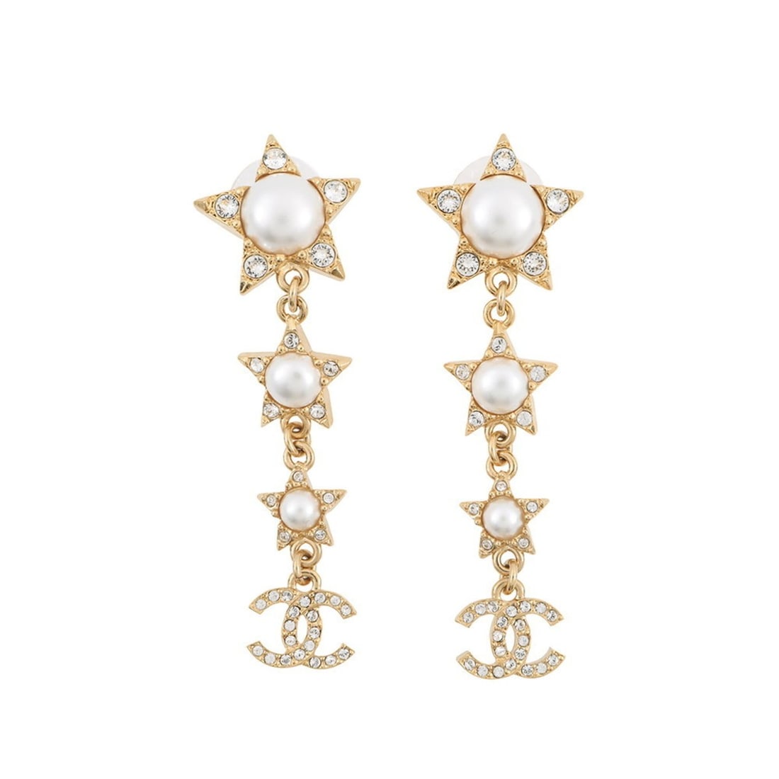 Chanel earrings, Coco Mark star motif long faux pearl rhinestone F24C CHANEL earrings for women: --- Catalog ---Category: SizeSize (HxWxD): 6.50mm x 2.00mm / 0.26'' x 0.08''Category: DesignType: Drop earringsColor: GoldGender: WomenMaterial: Gold plating, RhinestoneCategory: GeneralBrand: ChanelC