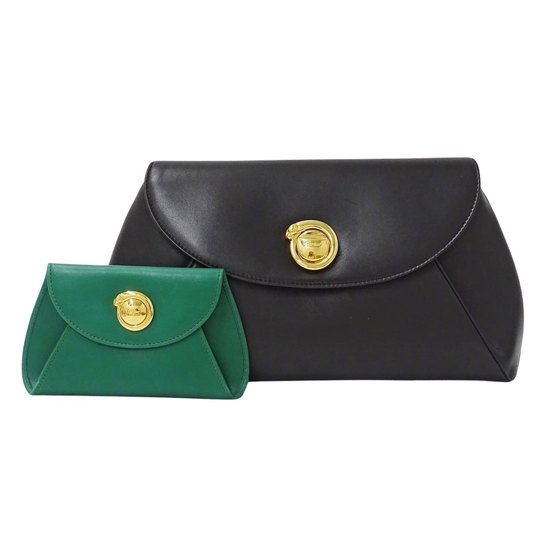 Cartier handbag for women, brand name, clutch bag, second Panthère, leather, black, with pouch.: --- Catalog ---Category: SizeSize (HxWxD): 16.5cm x 22.5cm x 3cm / 6.49'' x 8.85'' x 1.18''Category: DesignType: Clutch bag, HandbagColor: BlackGender: WomenMaterial: Leather Category: GeneralBrand: C