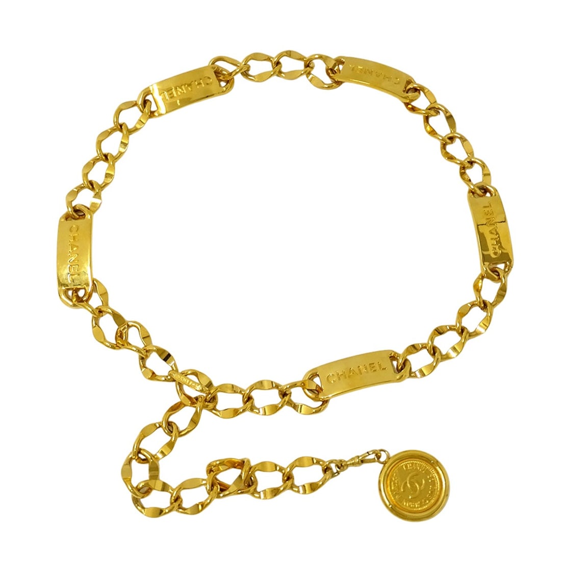 Chanel women's chain belt with gold logo plate and coin motif.: --- Catalog ---Category: SizeLength: 80cm / 31.49''Category: DesignType: Chain beltColor: GoldGender: WomenCategory: GeneralBrand: Chanel--- Item List ---Section: ConditionRanking: Rank B Used -